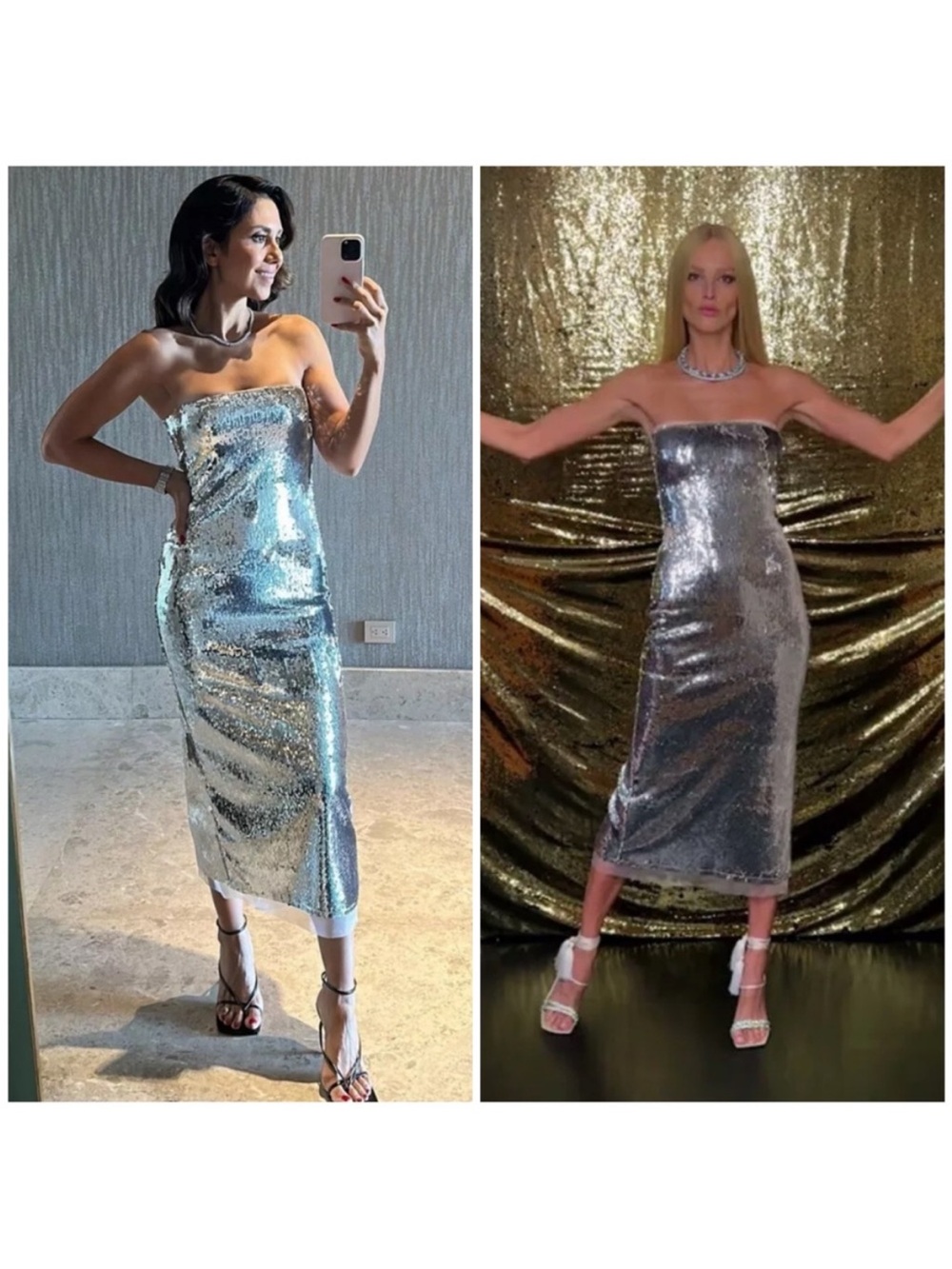 Zara Strapless Silver Metallic Sequin Midi Tube Dress Size Small - Picture 7 of 12